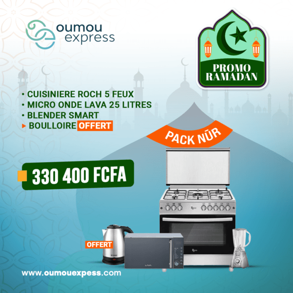 CUISINIERE ROCH 5 FEUX • MICRO ONDE LAVA 25 LITRES • BLENDER SMART • BOULLOIRE OFFERT