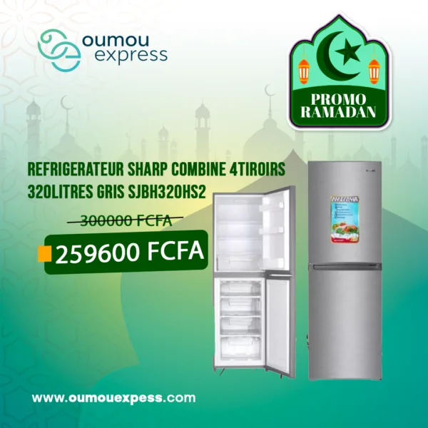 REFRIGERATEUR SHARP COMBINE 4TIROIRS 320LITRES GRIS SJBH320HS2