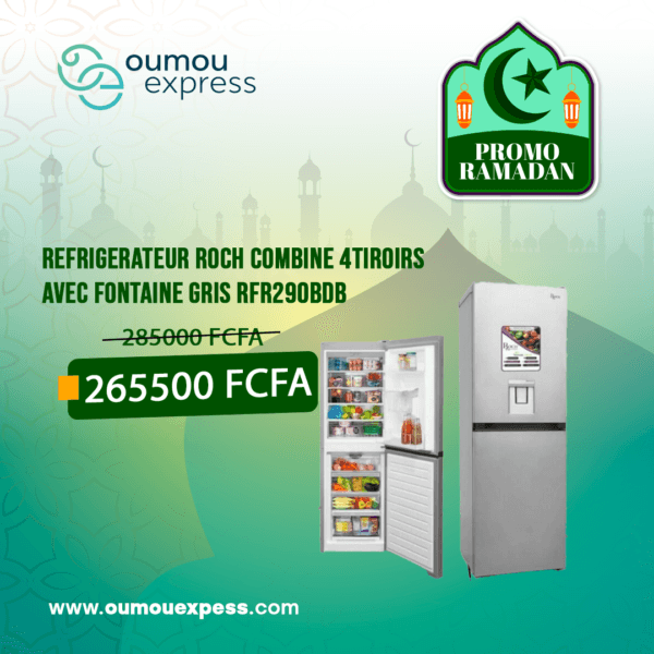 REFRIGERATEUR ROCH COMBINE 4TIROIRS AVEC FONTAINE GRIS RFR290BDB