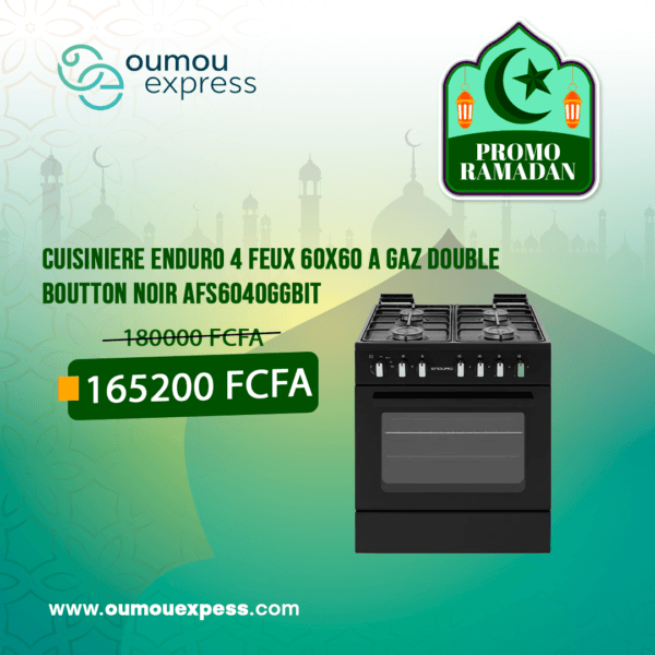 CUISINIERE ENDURO 4 FEUX 60X60 A GAZ DOUBLE BOUTTON NOIR AFS6040GGBIT
