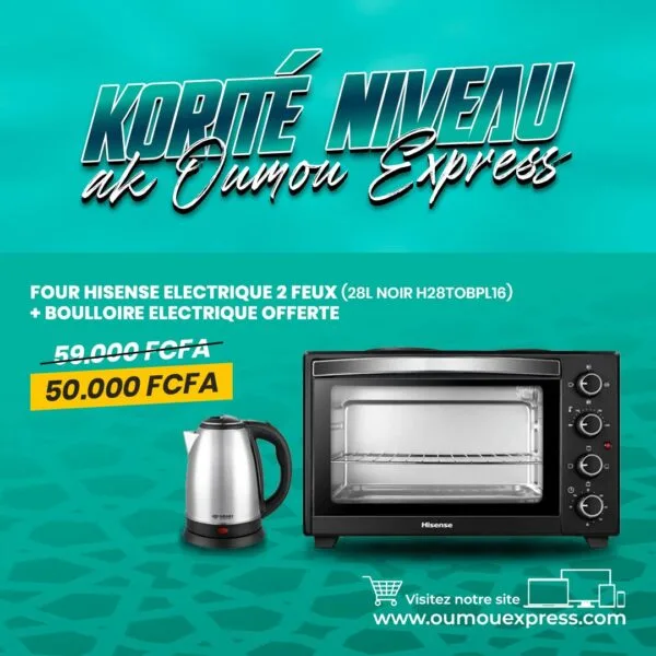 FOUR HISENSE ELECTRIQUE 2 FEUX (28L NOIR H28TOBPL16) + BOULLOIRE ELECTRIQUE OFFERTE