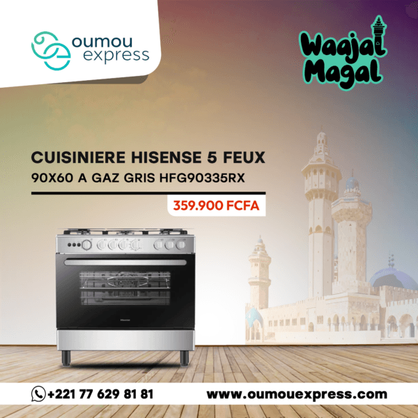 Cuisiniere Hisense 5 FEUX 90X60 A GAZ GRIS HFG90335RX