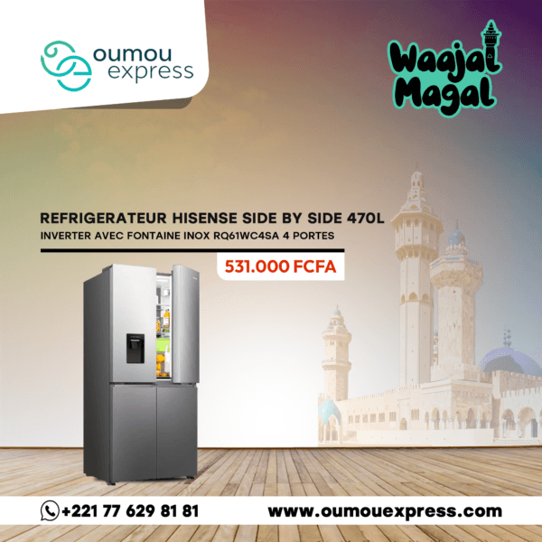 Refrigerateur Hisense SIDE BY SIDE 4 PORTES 470 LITRES AVEC FONTAINE INVERTER INOX RQ61WC4SA