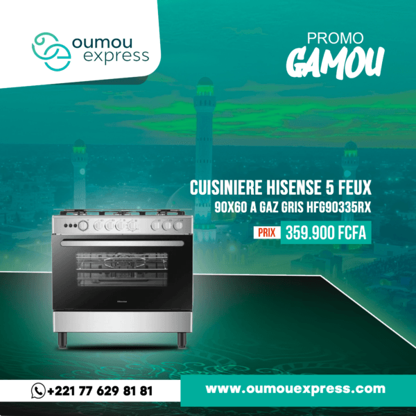 Cuisiniere Hisense 5 FEUX 90X60 A GAZ GRIS HFG90335RX