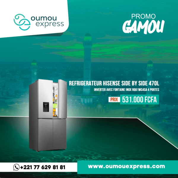 Refrigerateur Hisense SIDE BY SIDE 4 PORTES 470 LITRES AVEC FONTAINE INVERTER INOX RQ61WC4SA