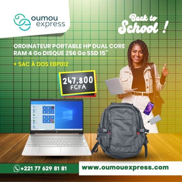 ORDINATEUR PORTABLE HP DUAL CORE RAM 4 GO DISQUE 256 GO SSD 15° + SAC-À DOS EBPO12
