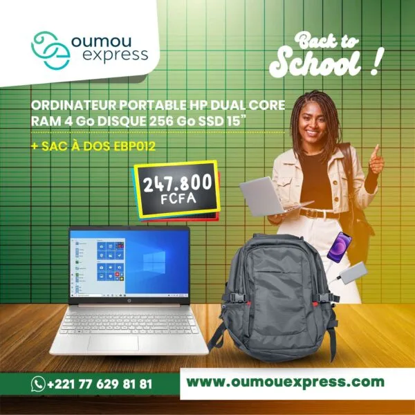 ORDINATEUR PORTABLE HP DUAL CORE RAM 4 GO DISQUE 256 GO SSD 15° + SAC-À DOS EBPO12