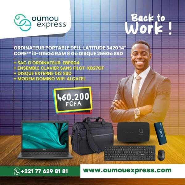 ORDINATEUR PORTABLE DELL LATITUDE 342014" CORE™ i3-1115G4 RAM 8 Go DISQUE 256GO SSD + SAC D'ORDINATEUR EBP004 + ENSEMBLE CLAVIER SANS FILGT-KB27GT + DISQUE EXTERNE 512-SSD + MODEM DOMINO WIFI ALCATEL