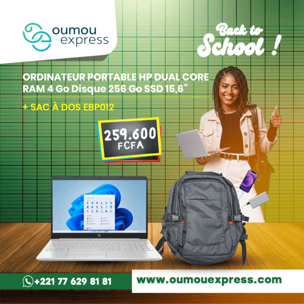 ORDINATEUR PORTABLE HP DUALCORE RAM 4 Go Disque 256 Go SSD 15,6" + SAC-À DOS EBPO12