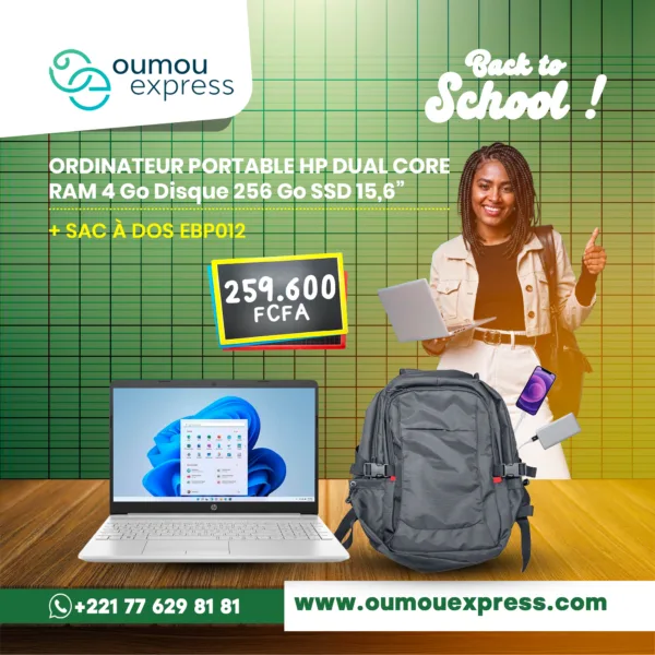 ORDINATEUR PORTABLE HP DUALCORE RAM 4 Go Disque 256 Go SSD 15,6" + SAC-À DOS EBPO12