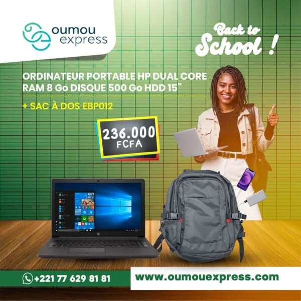 ORDINATEUR PORTABLE HP DUAL CORE RAM 8 GO DISQUE 500 GO HDD 15 + SAC-À DOS EBPO12