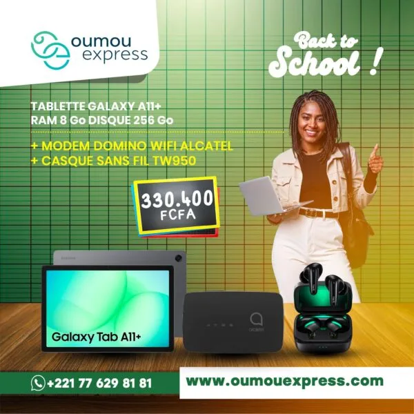 TABLETTE GALAXY AII+ RAM 8 GO DISQUE 256 GO + MODEM DOMINO WIFI ALCATEL + CASQUE SANS FIL TW950