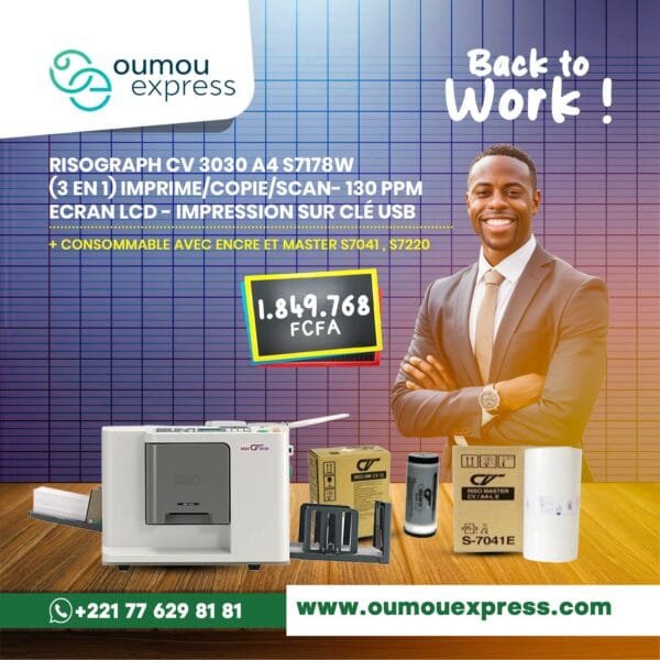 RISOGRAPH CV 3030 A4 S7178 W (3 EN 1) IMPRIME/COPIE/SCAN- 130 PPM ECRAN LCD - IMPRESSION SUR CLÉ USB + CONSOMMABLE AVEC ENCRE ET MASTER S7041, S7220