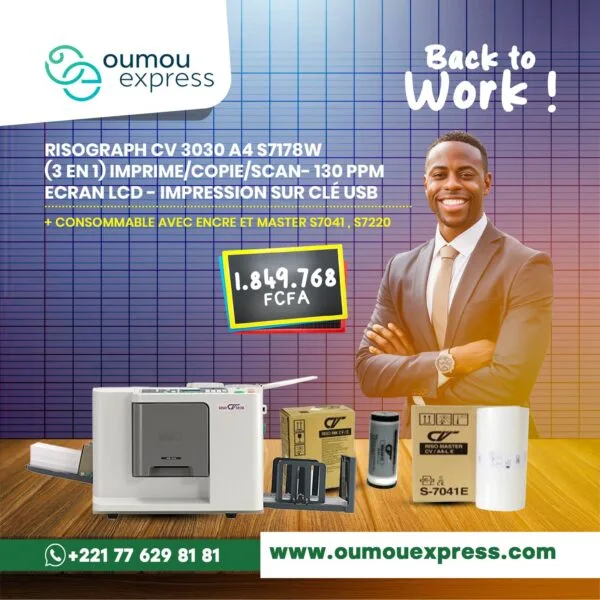 RISOGRAPH CV 3030 A4 S7178 W (3 EN 1) IMPRIME/COPIE/SCAN- 130 PPM ECRAN LCD - IMPRESSION SUR CLÉ USB + CONSOMMABLE AVEC ENCRE ET MASTER S7041, S7220